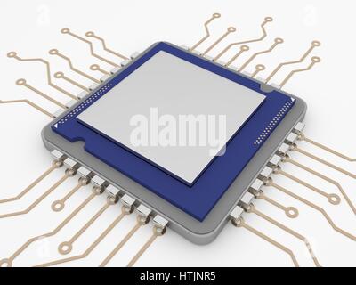 Ein Mikroprozessor oder CPU in einem reinen weißen Hintergrund. Isolierte Foto des Mikroprozessors mit Leerraum für benutzerdefinierte Text. Stockfoto