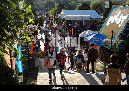 DA LAT, VIET NAM - JAN 1: Voll Szene in Dalat Blumenpark am Blumenfest im Frühling, Gruppe von Reisenden besuchen Naturgarten auf Urlaub, reine atmos Stockfoto