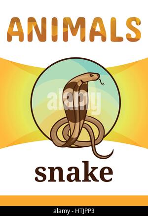 Druckbare Flash Tierkarte, Vektor-Illustration. Geeignet für die Erziehung von Kindern neue Wörter. King Cobra ist eine gefährliche Schlange, Cartoon-Stil Stock Vektor