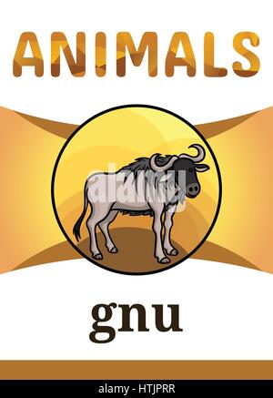 Druckbare Flash Tierkarte, Vektor-Illustration. Geeignet für die Erziehung von Kindern neue Wörter. Gnus oder Gnu Antilopenart, lebt in der afrikanischen Savanne. Auto Stock Vektor