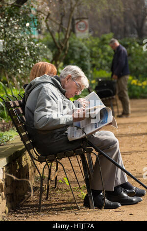 Ein alter Mann, der auf einer Parkbank sitzt und eine Zeitung liest, im Frühlingssonnenschein, Gordon Square, London, England, Großbritannien Stockfoto