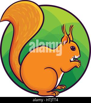 Tierische Kunst, niedlichen Cartoon-Stil, Vektor-Illustration von Hand gezeichnet. Roter Baum-Eichhörnchen Essen Nuss, Cartoon-Stil Stock Vektor