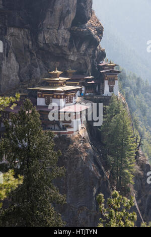 Bhutan, Paro. Tiger es Nest (aka Paro Taktsang oder Taktsang Palphug Kloster), prominente Heiliger Himalaya buddhistische Tempelanlage. Stockfoto