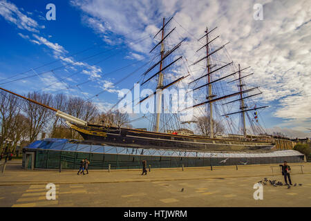 Der Legendäre 19. Jahrhundert Segelschiff "Cutty Sark" ein großes Schiff auf öffentliche Anzeige in Greenwich, Großbritannien. Stockfoto