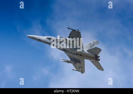 Boeing F/A-18 Hornet fliegen am 25. Juli 2010 in Farnborough, Hampshire, UK Stockfoto