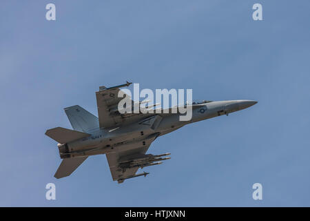 Boeing F/A-18 Hornet fliegen am 25. Juli 2010 in Farnborough, Hampshire, UK Stockfoto