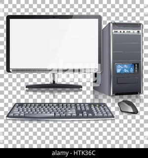 Realistische hoch detaillierten 3D PC-Gehäuse mit Monitor, Tastatur und Maus auf transparenten Hintergrund isoliert Vektor-illustration Stock Vektor