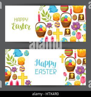 Happy Easter Banner mit Deko-Objekte, Eiern und Hasen Stock Vektor