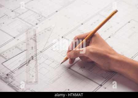 Architektonische Gestaltung und Blaupausen Projektzeichnungen Stockfoto