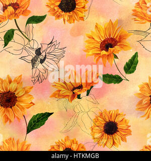 Ein nahtloses Muster mit handgezeichneten lebhaften gelben Sonnenblumen auf einem Aquarell Hintergrund, Vintage-Stil-floralen Druck wiederholen Stockfoto