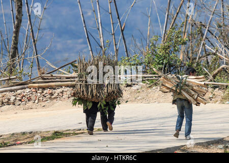 YuanYang, China - 21. Februar 2017: Hani Personen mit Holz in den Straßen von YuanYang. Stockfoto