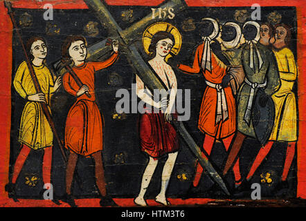 Strahl der Passion, ca. 1192-1220. Die Kreuztragung Christi. Romanische. Anonym. Katalanischer Herkunft. Tempera auf Holz. Nationalen Kunstmuseum von Katalonien. Barcelona. Katalonien. Spanien. Stockfoto