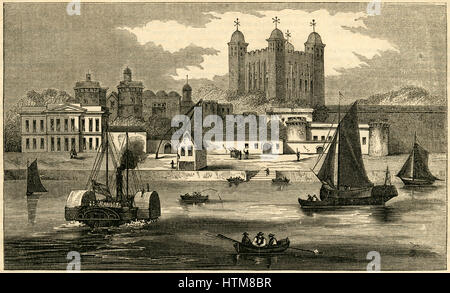 Antiken 1854 Gravur, "Blick auf den Tower of London von der Themse." QUELLE: ORIGINAL GRAVUR. Stockfoto