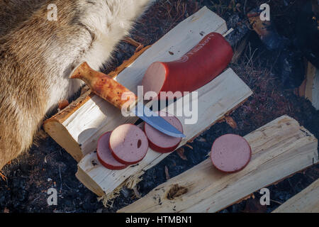 Im Freien, serviert traditionelle Rentier-Wurst, Lappland Gästehaus in Kangos, Lappland, Schweden Stockfoto