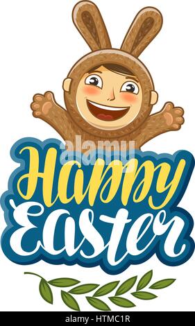 Vektor-Illustration Frohe Ostern Grußkarte. Lustige Kinder im Bunny-Kostüm. Schrift Typografie Stock Vektor