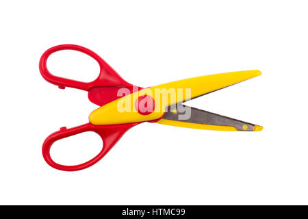 Draufsicht der rot gefärbten Kunststoff offene Schere isoliert auf weißem Hintergrund Stockfoto