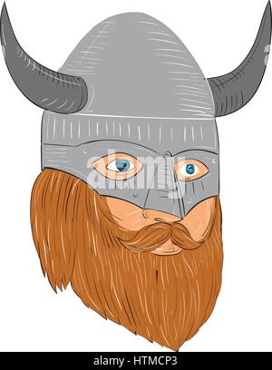 Zeichnung Skizze Stil Illustration ein Norseman Viking Warrior Raider Barbar Kopf mit Bart tragen gehörnten Helm leicht auf die Seite suchen Stock Vektor