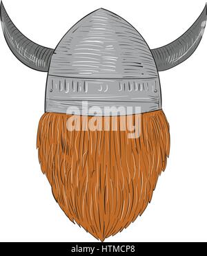 Zeichnung Skizze Stil Illustration ein Norseman Viking Warrior Raider Barbar Kopf gehörnter Helm von hinten am isoliert weiss gesehen Stock Vektor