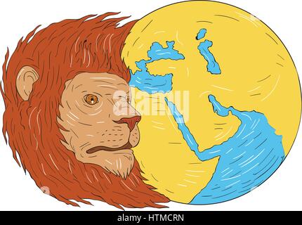 Zeichnung Skizze Stil Illustration ein Löwenkopf mit wallender Mähne, die ich auf der Seite mit Nahost und Asien Landkarte Globus auf isolierte weiße Backg gesetzt Stock Vektor