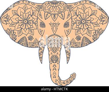 Mandala-Stil Illustration ein Elefantenkopf von vorne am isolierten weißen Hintergrund betrachtet. Stock Vektor
