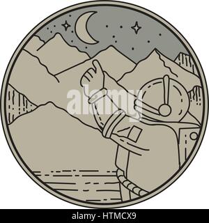 Mono-Linie Stil Abbildung eines Astronauten auf den Mond und die Sterne zeigen mit Berg im Hintergrund im inneren Kreis. Stock Vektor