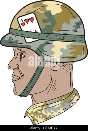 Zeichnung Skizze Stil Abbildung eines afroamerikanischen Soldaten tragen uns Armee Kevlar Helm mit Camouflage Tuch abdecken und vier Herzen p zu bekämpfen Stock Vektor