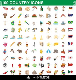 100 Land-Icons set, cartoon-Stil Stock Vektor