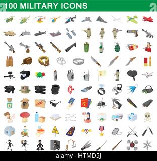 100 militärische Symbole gesetzt, Cartoon-Stil Stock Vektor