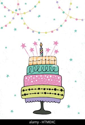 niedliche alles Gute zum Geburtstagskarte mit Kuchen und Kerzen. Stock Vektor