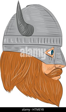 Zeichnung Skizze Stil Illustration ein Norseman Viking Warrior Raider Barbar Kopf mit Bart tragen gehörnten Helm gesehen von der rechten Seite eingestellten o Stock Vektor
