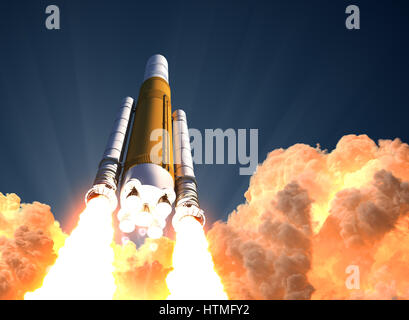 Schwere Raketenstart In den Wolken des Feuers. 3D Illustration. Stockfoto