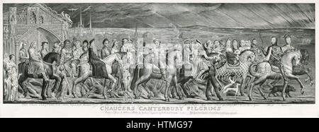 Chaucers Canterbury Pilgrims'on ihrer Reise. Stich nach einem gemalten Fresko von William Blake 1810. William Blake (1757-1827), englischer Maler, Drucker und Mystiker. "Canterbury Tales" von Geoffrey Chaucer (c1345-1400) englischer Dichter. Stockfoto