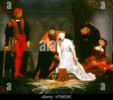 Die Hinrichtung der Lady Jane Grey "(1537-1554): Gemälde von Paul Delaroche (1797-1856). "Die neun Tage Königin", verkündet eine Enkelin von Henry VII, nach dem Tod der protestantischen Eduard VI., ihrem Schwiegervater seine Königin. Henry VIII ältere Tochter clai Stockfoto