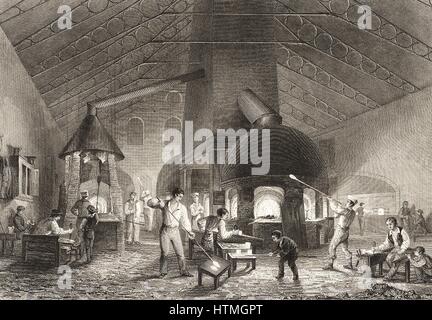 Männer und jungen am Aspley Pellatts Falcon Glashütten, Holland Street, Blackfriars, London, 1842. Beachten Sie die Dachbinder aus Gusseisen. Zwischen 1824-1827) begann Michael Faraday Untersuchungen von optischem Glas hier vor ein Ofen in der Royal Institution gebaut wurde. Stockfoto