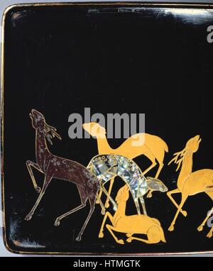 Hirsche im Herbst aufrufen: Innenraum einer Schrift Box (Detail), schwarzer Lack mit Gold-Inlays, XVII Jahrhundert. Stockfoto