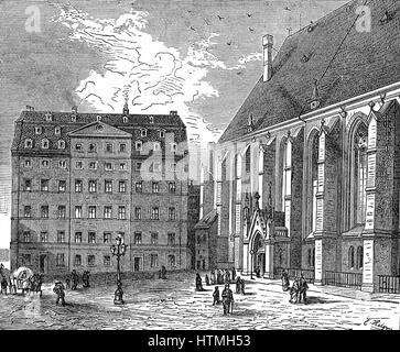 Johann Sebastian Bachs (1685-1750) Haus in Leipzig. Bach, deutschen Barock-Komponisten. Gravur. Stockfoto