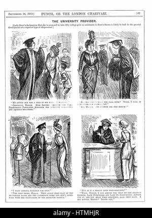 Ein bessere Ergebnis der universitären Ausbildung für Frauen. Cartoon aus "Punch", 14. September 1913. Lady Boot Stiefel Shops angeboten Beschäftigung als Assistenten an 50 Frauen Absolventen als sie fühlte, dass es den Standard von Shopwomen erhöhen würde. Gravur Stockfoto