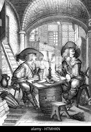 Offiziere, trinken und Rauchen Tonpfeifen im linken Hintergrund ist verhangenen Bett. Von Gravur mit dem Titel "Le Tabac" von Abraham Bosse (1602-1726) nach Jean de Saint-Igny (d1649) Stockfoto