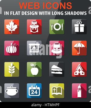 Erntedankfest-Symbole im flat Design mit langen Schatten setzen Stock Vektor