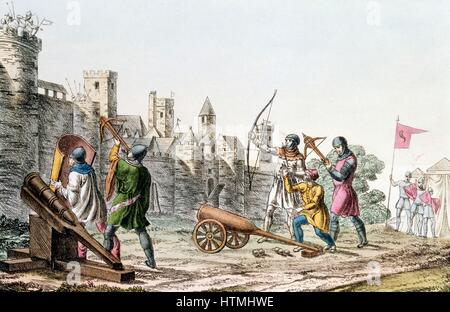 Hundert Jahre Krieg zwischen Frankreich und England. Englische Truppen Angriff auf den Mauern einer französischen Stadt mit frühen Kanone und Langbögen und Armbrüste (1375-1425) handkolorierten Lithographie c1830 Stockfoto