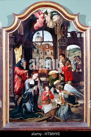 "Anbetung der Hirten" Triptychon zurückzuführen auf flämischen Künstler Cornelis Englebrechtsen (Engelberts 1468-1533). Die Mitteltafel zeigt die Anbetung im Stall mit Maria, Joseph, Jesuskind, Engel, Hirten (mit Dudelsack) und Ochsen. . Öl auf Holz. Stockfoto