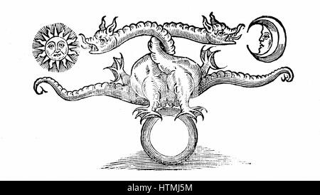 Alchemistische Symbol der Transmutation von unedlen Metallen (Erde unten) in Gold (Sonne) und Silber (Mond) durch die Vermittlung des Drachen (Merkur - Volatilität). Von "Theatrum Chemicum Britannicum" Elias Ashmole (London 1652). Holzschnitt. Stockfoto