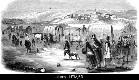 Mormonen (Latter Day Saints). Mormon Exodus aus Illinois auf den zermürbenden Winter trek über den Great Plains zwischen dem Missouri und den Rocky Mountains, Salt Lake City, Utah, 1846 gefunden. Von "Illustration" (Paris 1853). Holzstich. Stockfoto