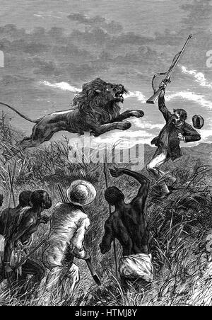 David Livingstone (1813-1873), schottischer Missionar und Afrikaforscher. Livingstone aufgeladen von einem Löwen. Gespeichert von Mebalwe, eine native Schulmeister, der das Tier erschossen. Von "Heroes of Britain" Edwin Hodder (London c1860). Holzstich. Stockfoto