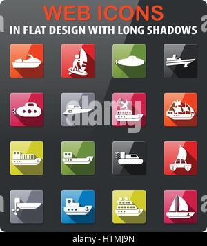 Wasser-Transport-Symbole festlegen im flat Design mit langen Schatten Stock Vektor