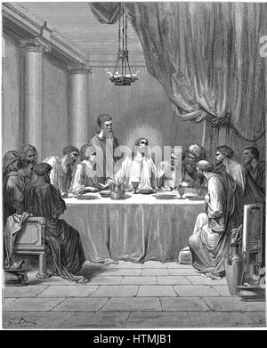 Jesus und seinen Jüngern beim letzten Abendmahl. Kennzeichnen Sie 14:22. Von Gustave Dore "Bibel", 1866. Holzstich Stockfoto