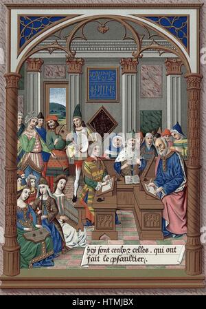 König, Rene und seinem musikalischen Hof. Rene (1409-80) Herzog von Anjou und Lothringen, König von Neapel, Jerusalem und Sizilien. Arabische/Europäische Schnittstelle - siehe Schreiben an Rückwand. Nach dem 15. Jahrhundert Manuskript von "Brevier" von König René. Farblitho Stockfoto