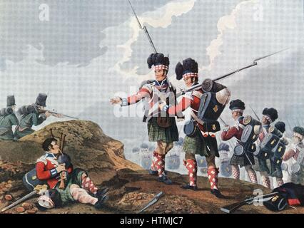 Halbinselkrieg: Schlacht von Vimiera, 21. August 1808. Wellesley (Wellington) besiegte Junot. 11. Highland Regiment Piper spielt weiterhin als verwundet Stockfoto