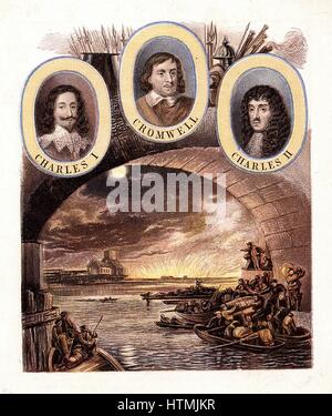 Brand von London 1666: Boote voll von Bürgern, die entgangen Rückblick auf alte St Pauls und der brennenden Stadt von der Sicherheit des südlichen Ufer der Themse. Porträts von Charles ich (1600-49) Oliver Cromwell, Lord Protector (1699-1658) und Charles II (1630-85). Kronheim Farblitho c1865 Stockfoto