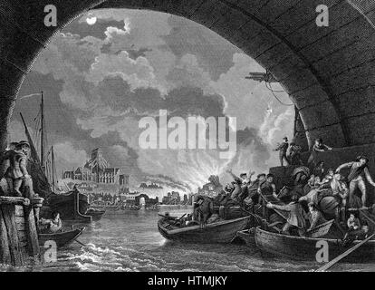 Brand von London - 1666. Alte St. Pauls, zerstört im Feuer, gesehen vom Südufer der Themse. Flüchtlinge aus dem Flammen-Cluster im boats.19th Jahrhundert Gravur. Stockfoto